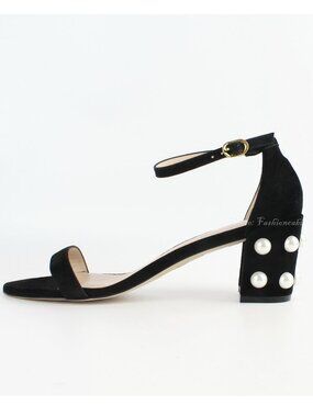Stuart Weitzman Black Simple Suede Sandals Faux Pearl Ankle Strap